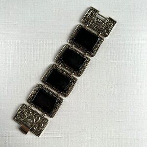 1960s Black Glazed Ceramic Filigree Panel Bracelet